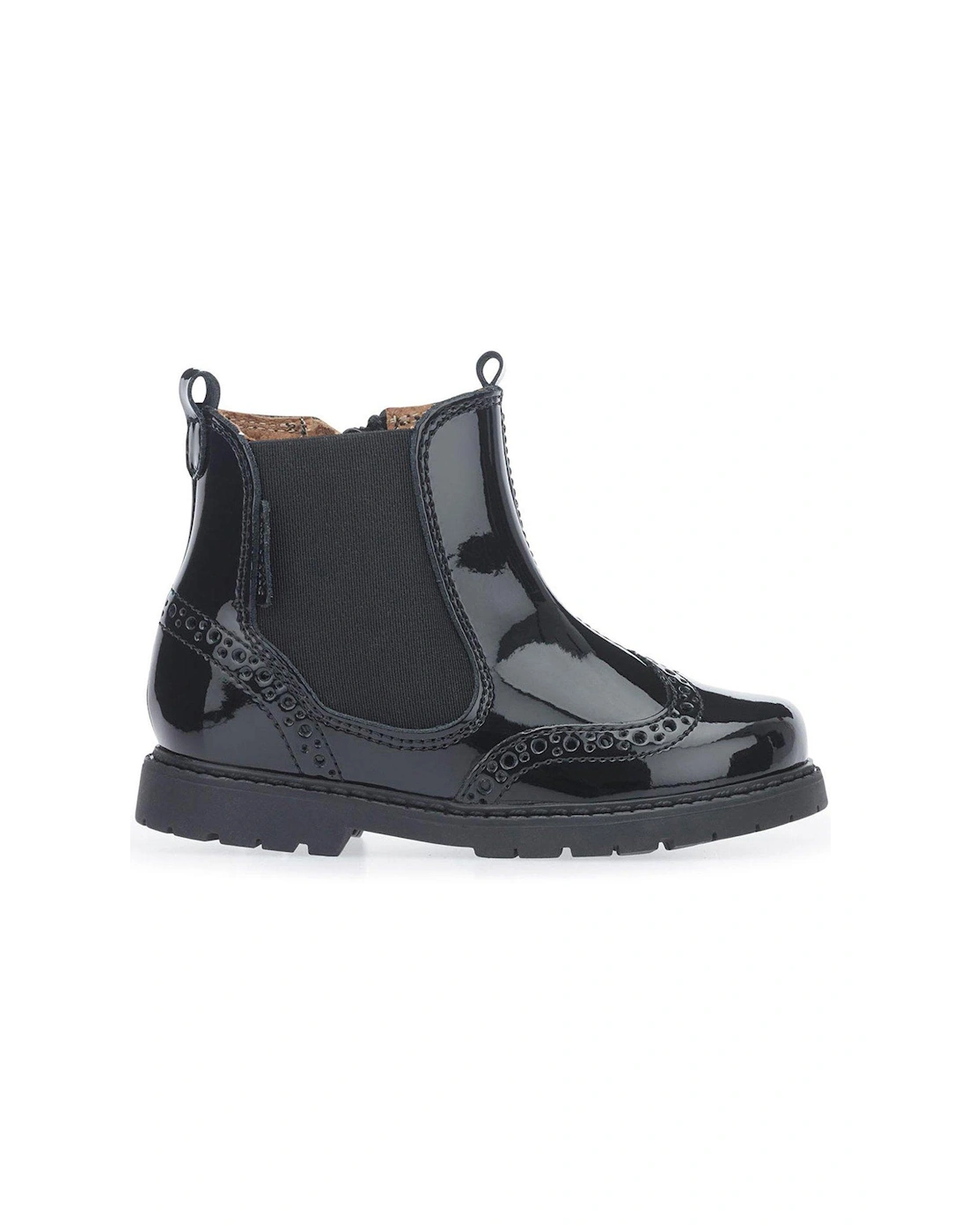 Girls Chelsea Patent Leather Pull On Zip Up Boots - Black