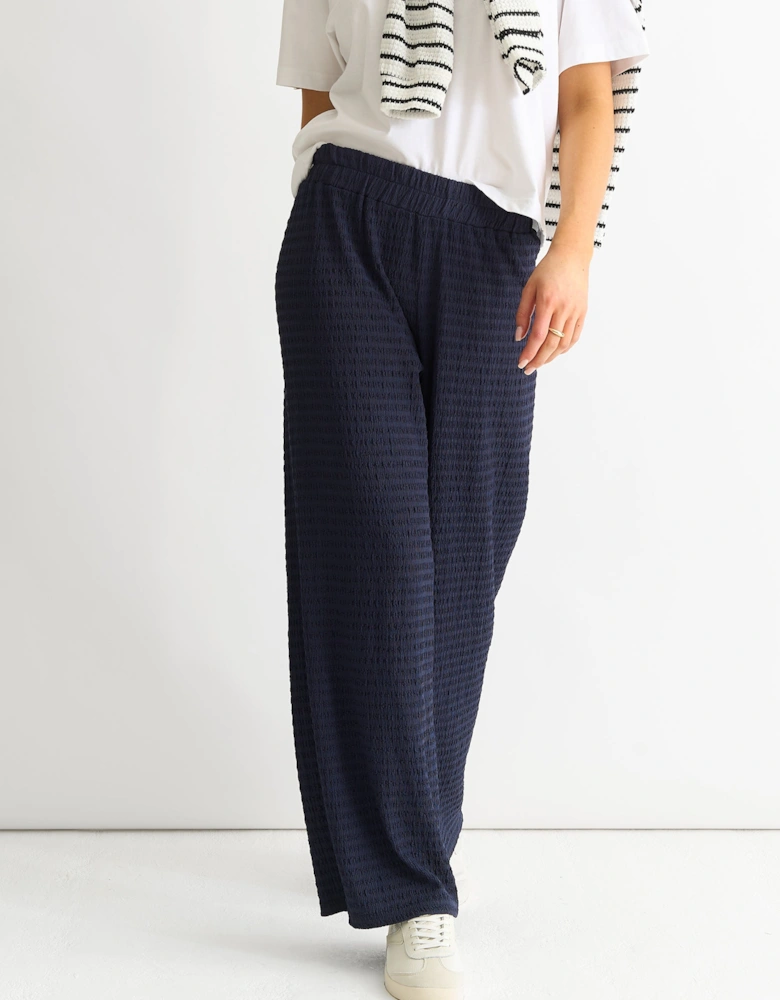 Dark Blue Textured Elastic Waist Pull On Trousers