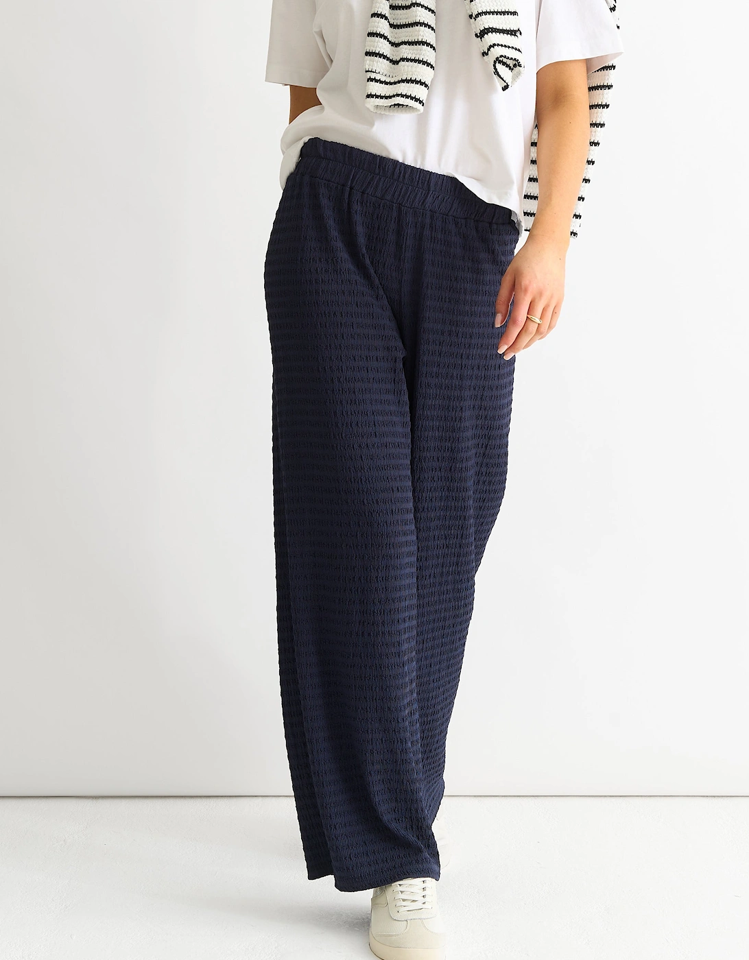 Dark Blue Textured Elastic Waist Pull On Trousers