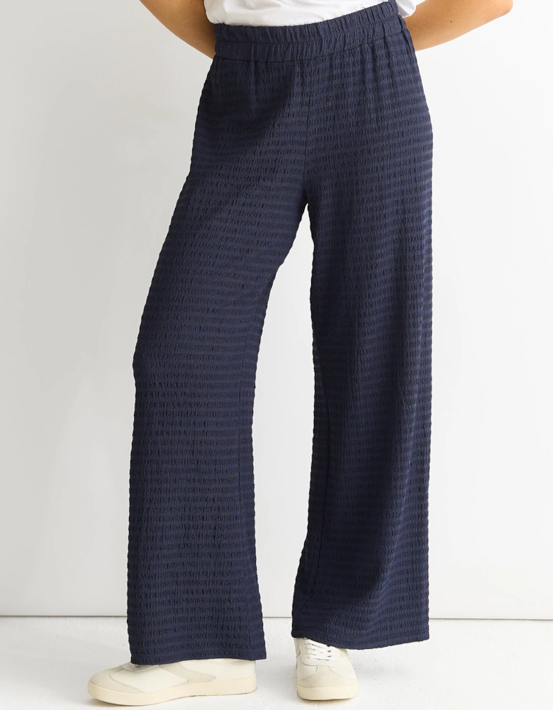 Dark Blue Textured Elastic Waist Pull On Trousers