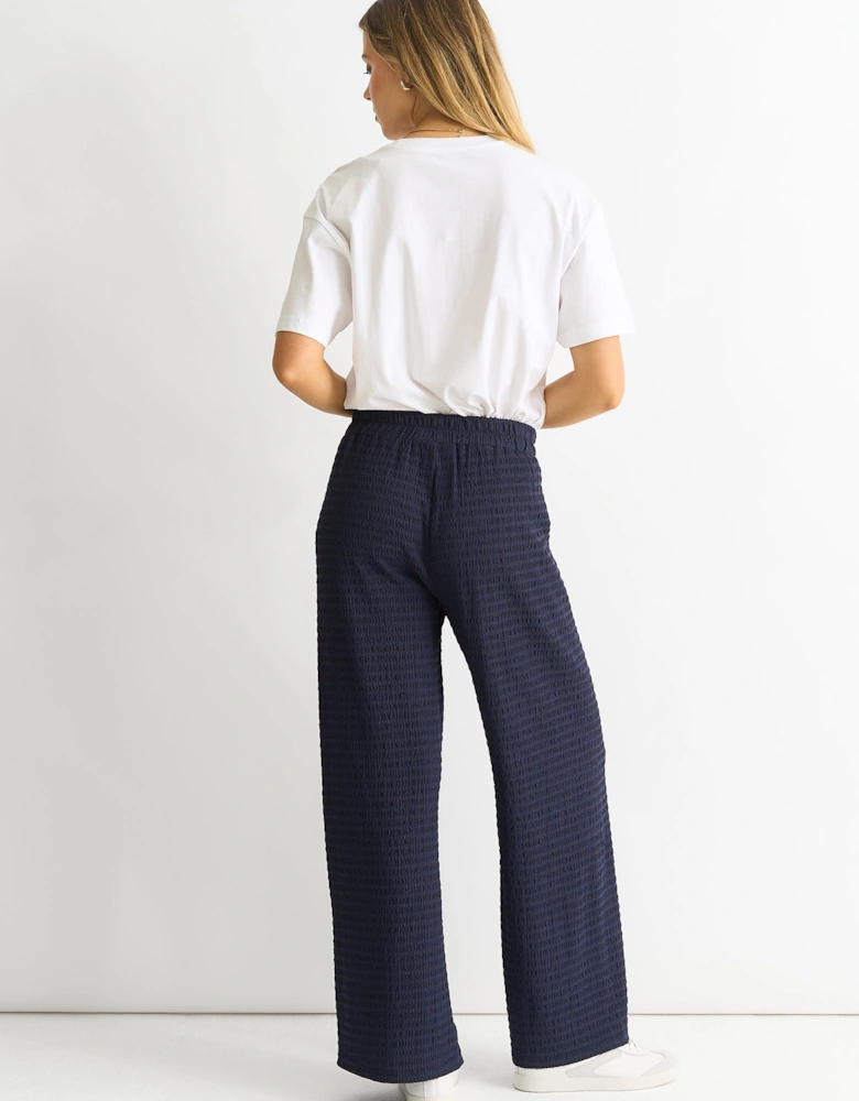 Dark Blue Textured Elastic Waist Pull On Trousers