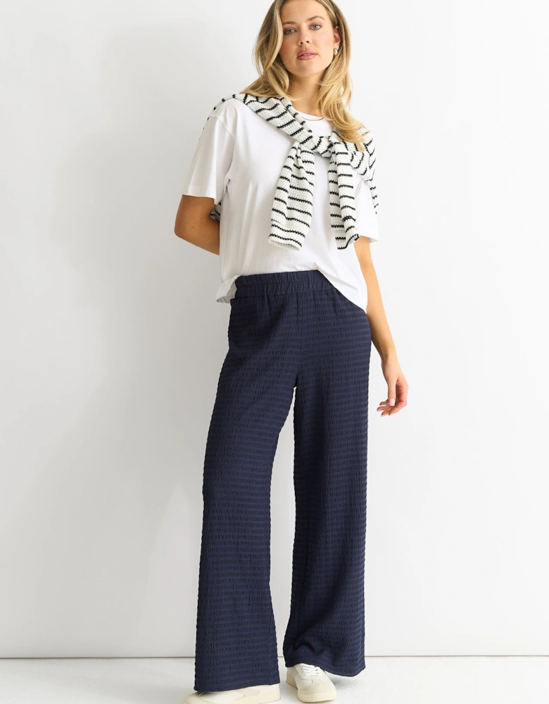 Dark Blue Textured Elastic Waist Pull On Trousers