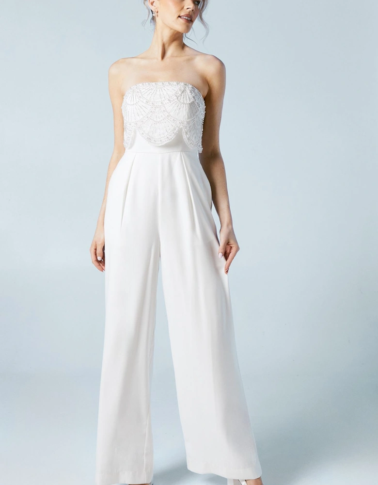 Premium Crepe Scallop Pearl Detail Bridal Jumpsuit