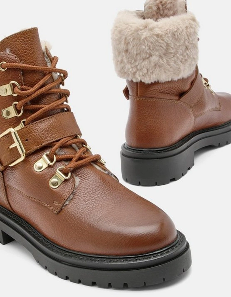 Leather Fur Lined Chunky Lace Up Worker Boot