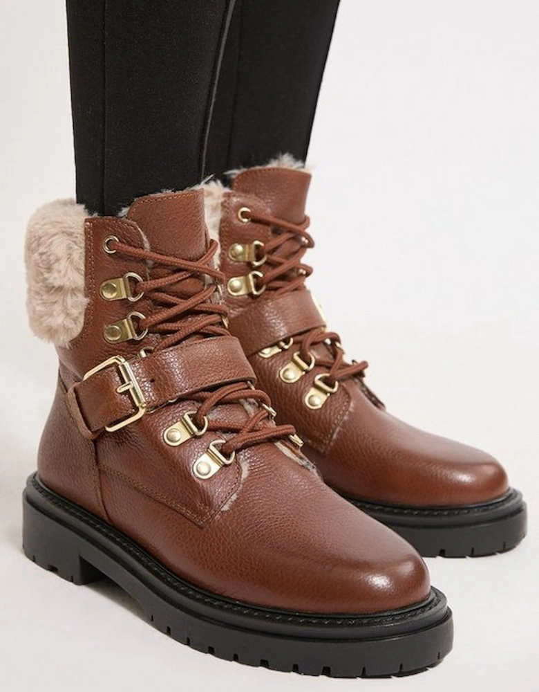 Leather Fur Lined Chunky Lace Up Worker Boot