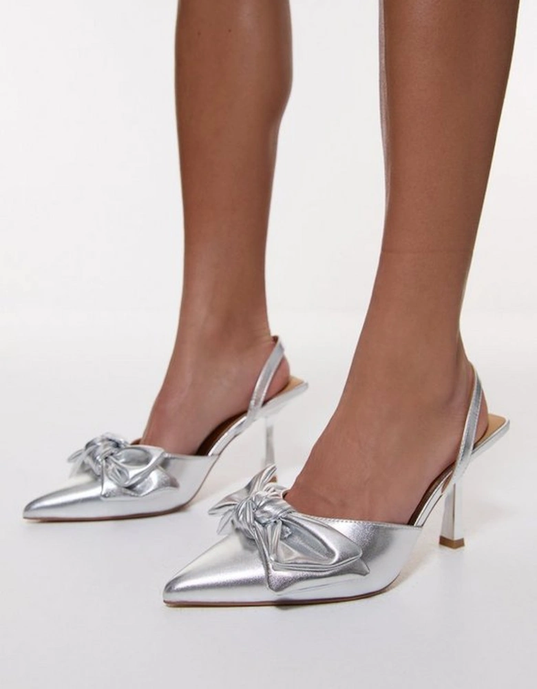 Metallic Faux Leather Extreme Bow Slingback Court Heel