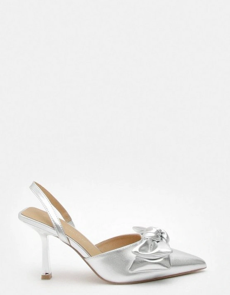 Metallic Faux Leather Extreme Bow Slingback Court Heel