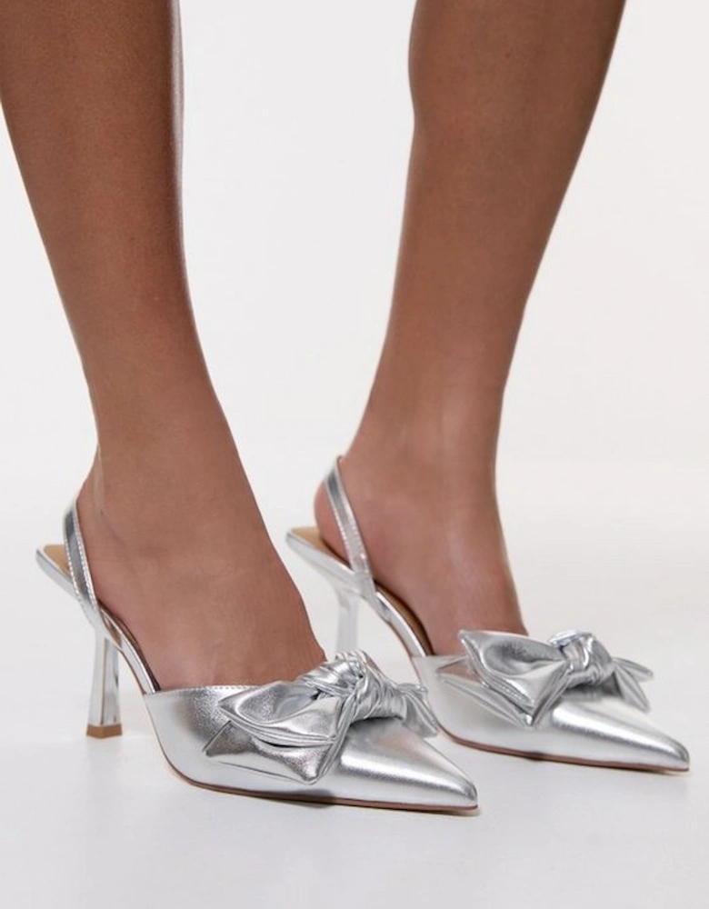 Metallic Faux Leather Extreme Bow Slingback Court Heel