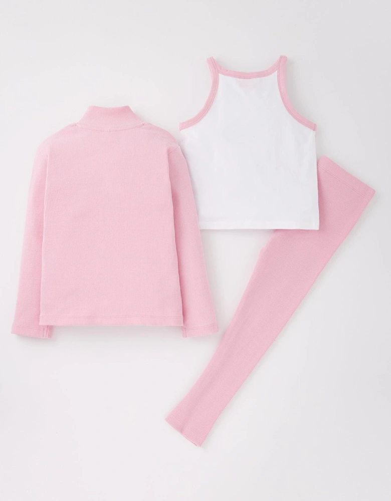 3 Piece Zip Through Top, Vest And Legging Set - Pink