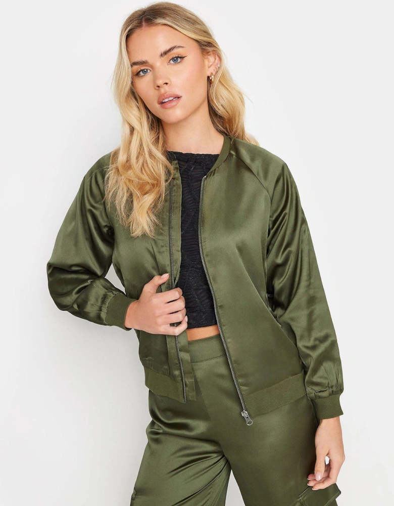 Petite Satin Bomber Jkt - Green