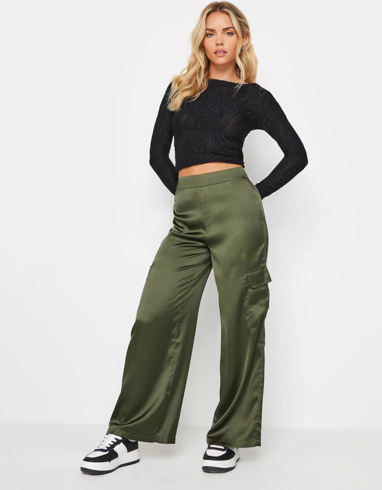 Petite Olive Satin Cargo Trousers