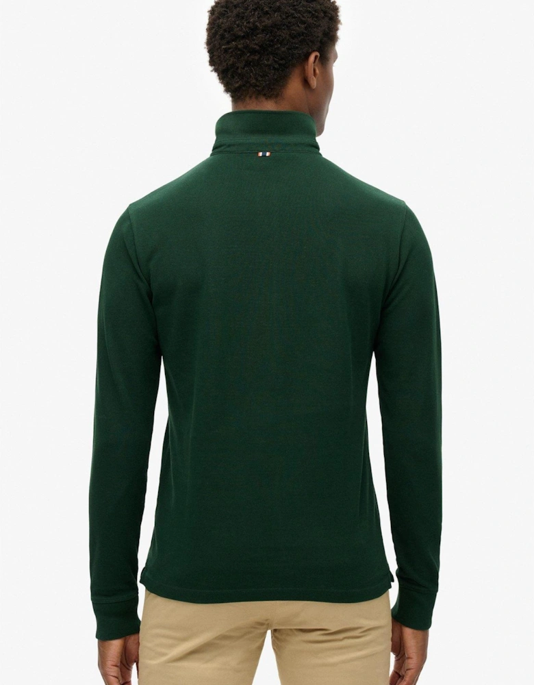 Cotton Long Sleeve Regular Fit Pique Polo Shirt - Dark Green