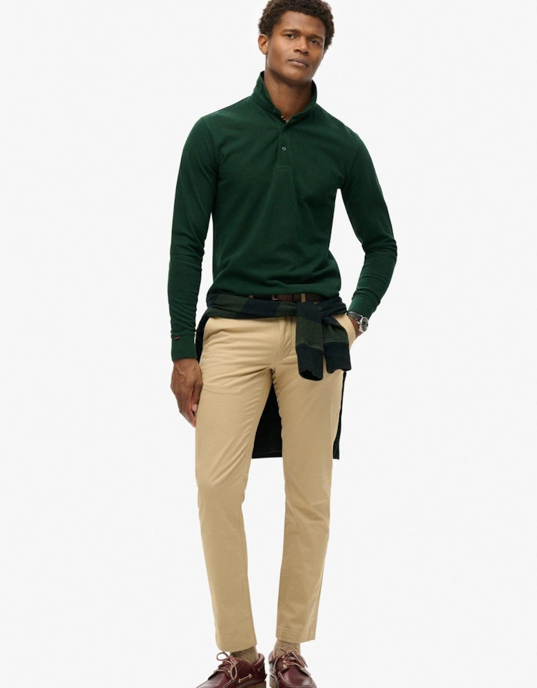 Cotton Long Sleeve Regular Fit Pique Polo Shirt - Dark Green