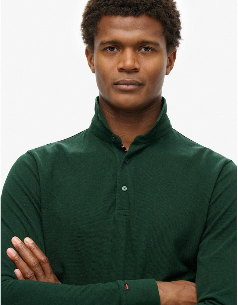 Cotton Long Sleeve Regular Fit Pique Polo Shirt - Dark Green