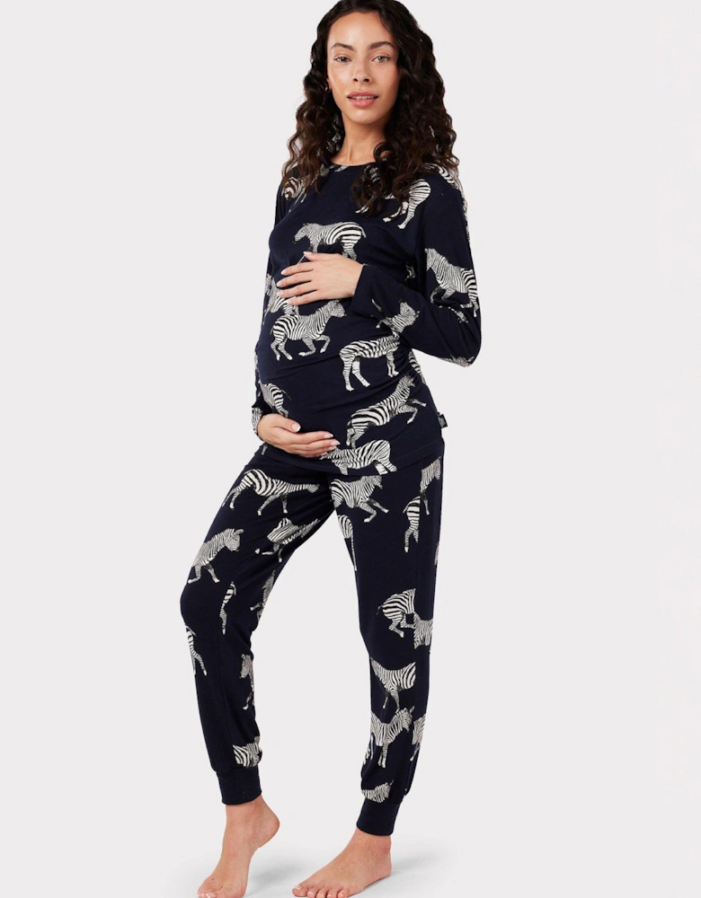 Long Crew Neck Zebra Printed Maternity Pyjama Set - Navy