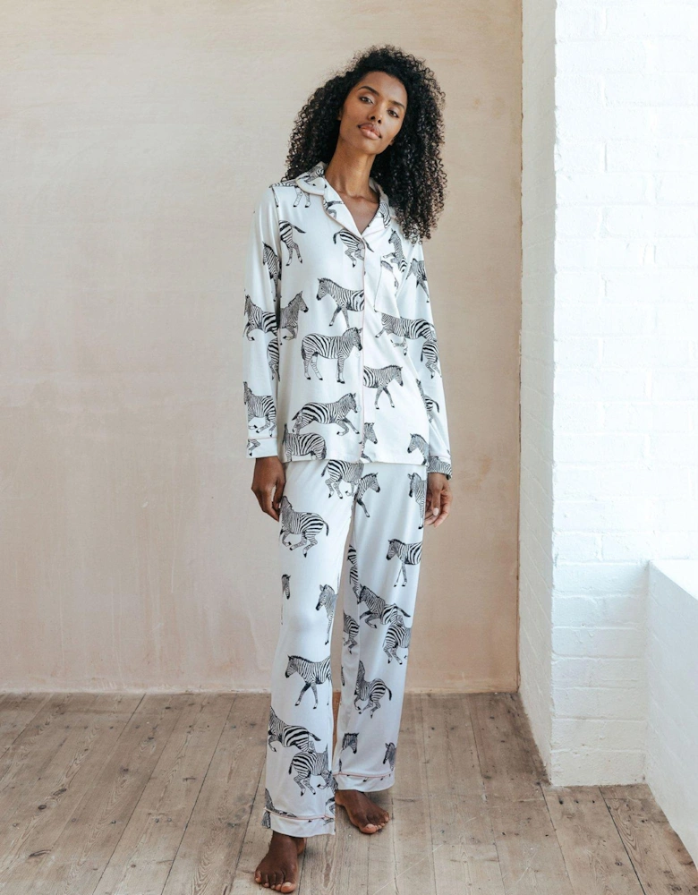 Zebra Print Button Up Long Pyjama Set - White