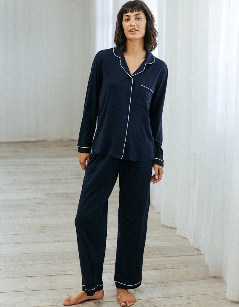 Modal Button Up Long Pyjama Set - Navy