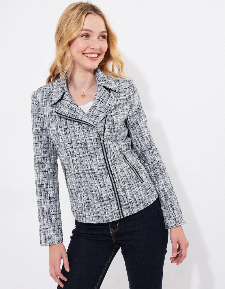 Lara Tweed Biker Jacket - Blue