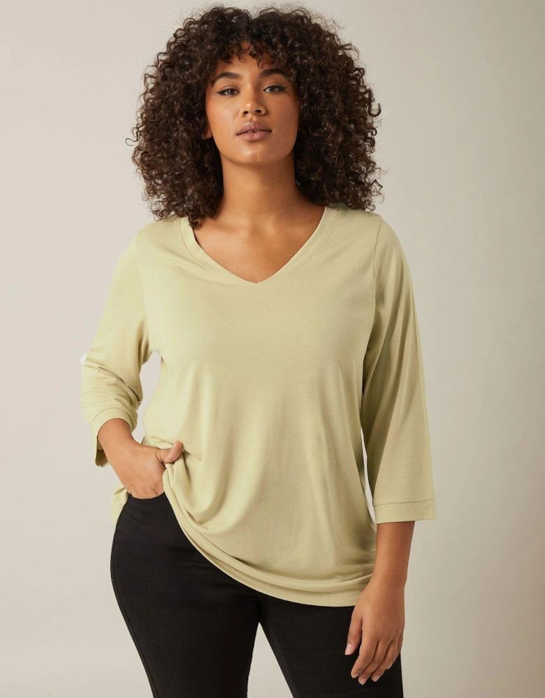 3/4 Sleeve V-neck Modal T-shirt - Natural