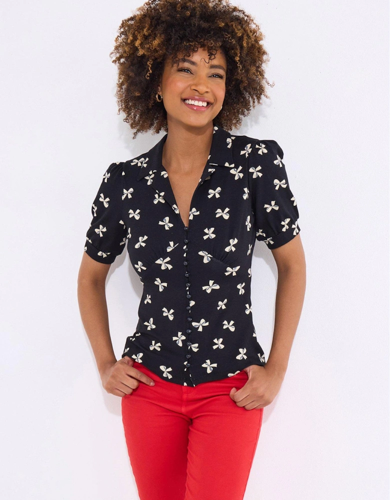 Bonnie Bow Print Button Front Jersey Top - Black