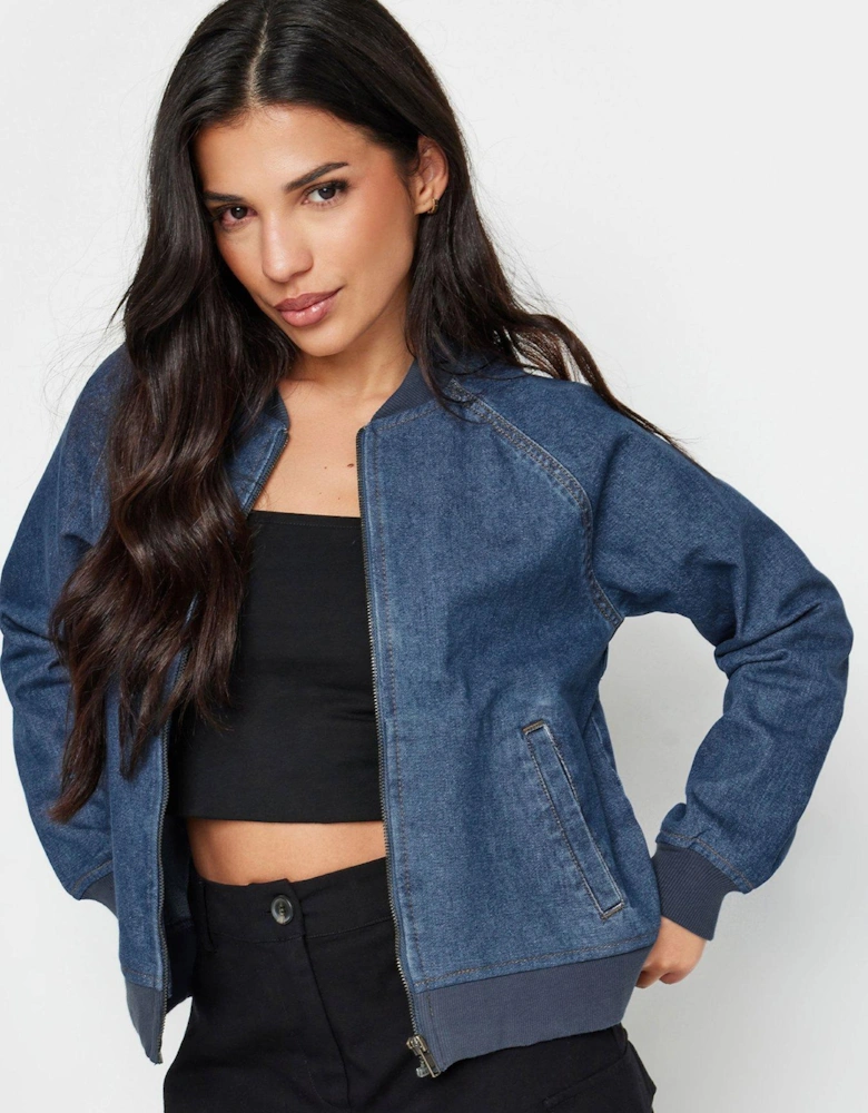 Petite Mid Blue Denim Bomber Jacket