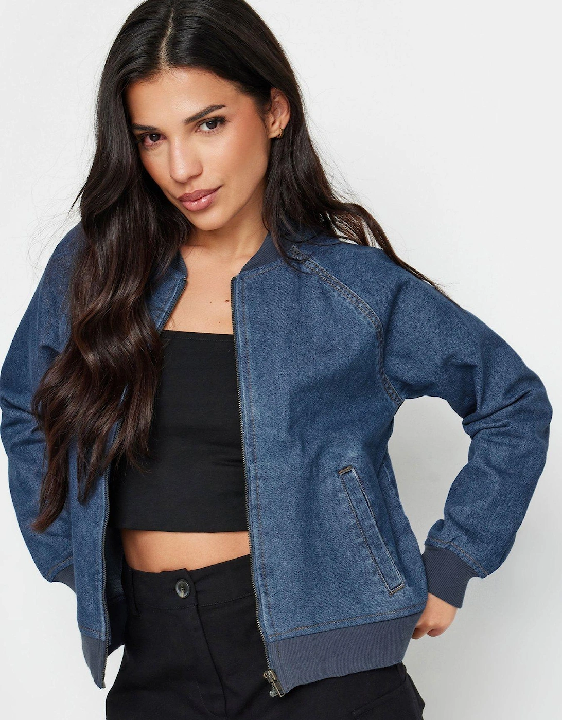 Petite Mid Blue Denim Bomber Jacket, 2 of 1