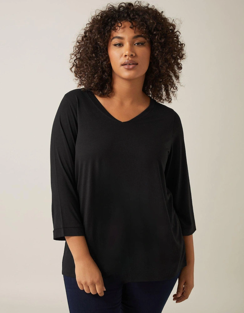 3/4 Sleeve V-neck Modal T-shirt - Black