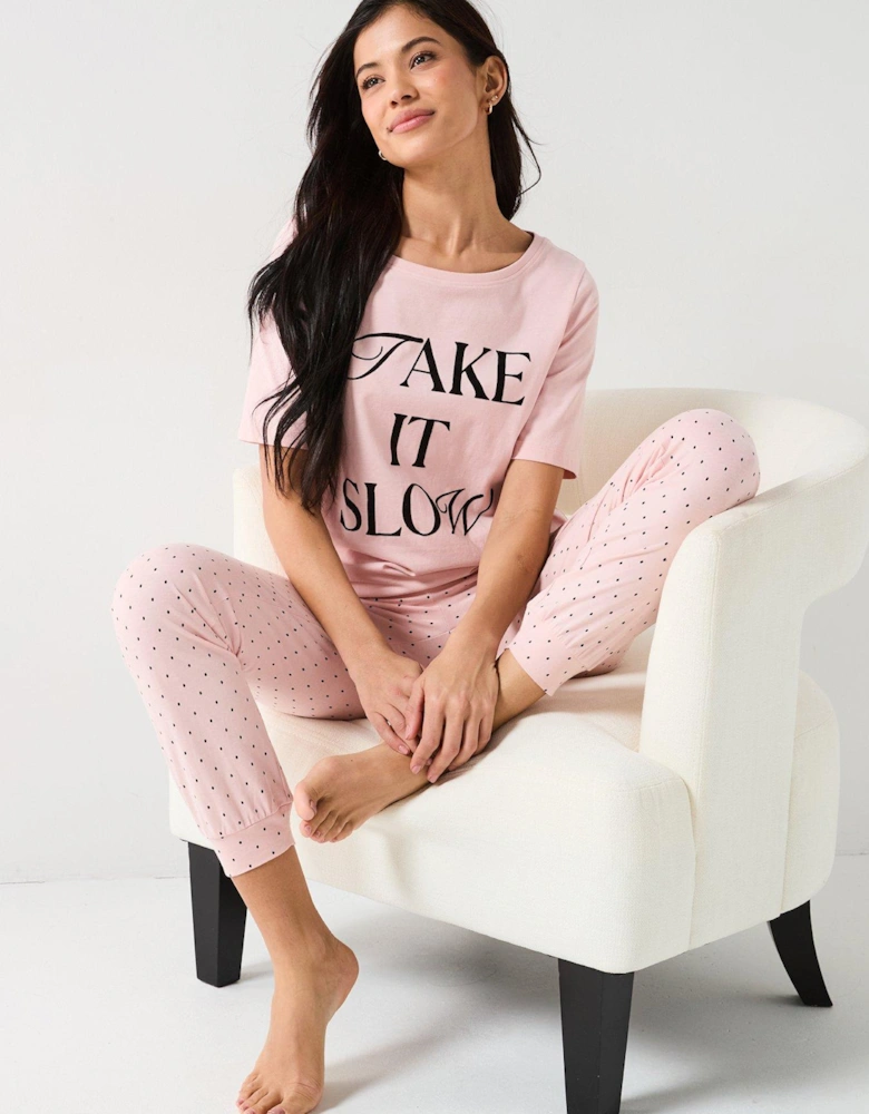 Printed Short Sleeve Top And Jogger Pj Set - Pink