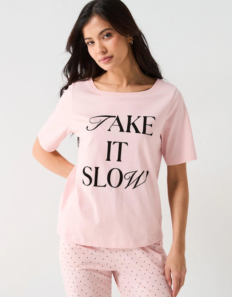 Printed Short Sleeve Top And Jogger Pj Set - Pink