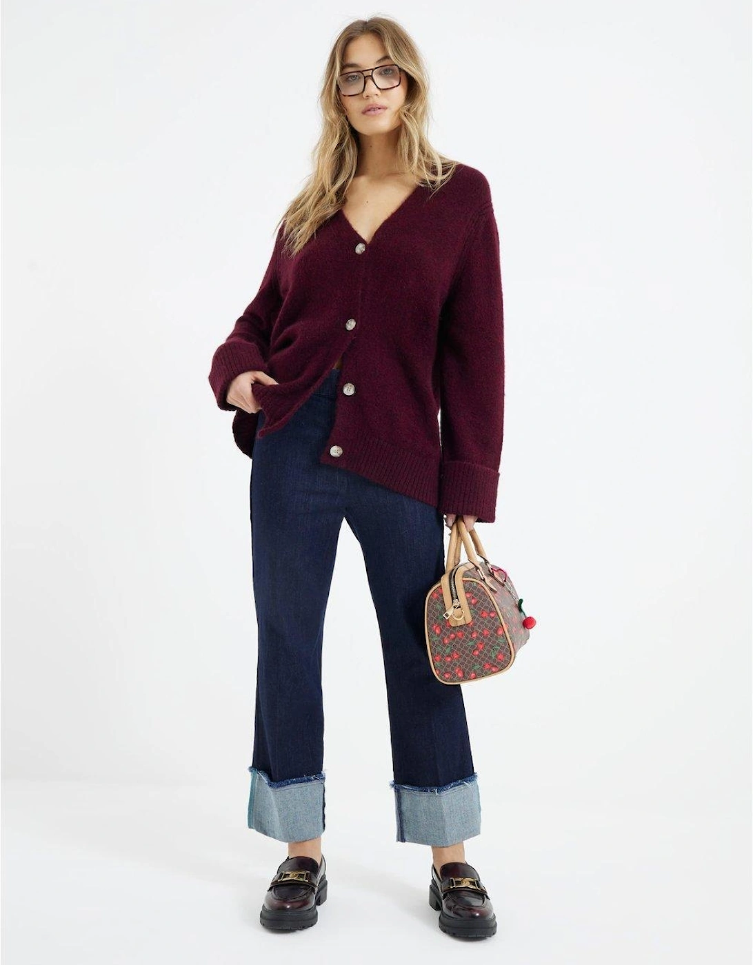 Midi Length Button Cardigan - Dark Red