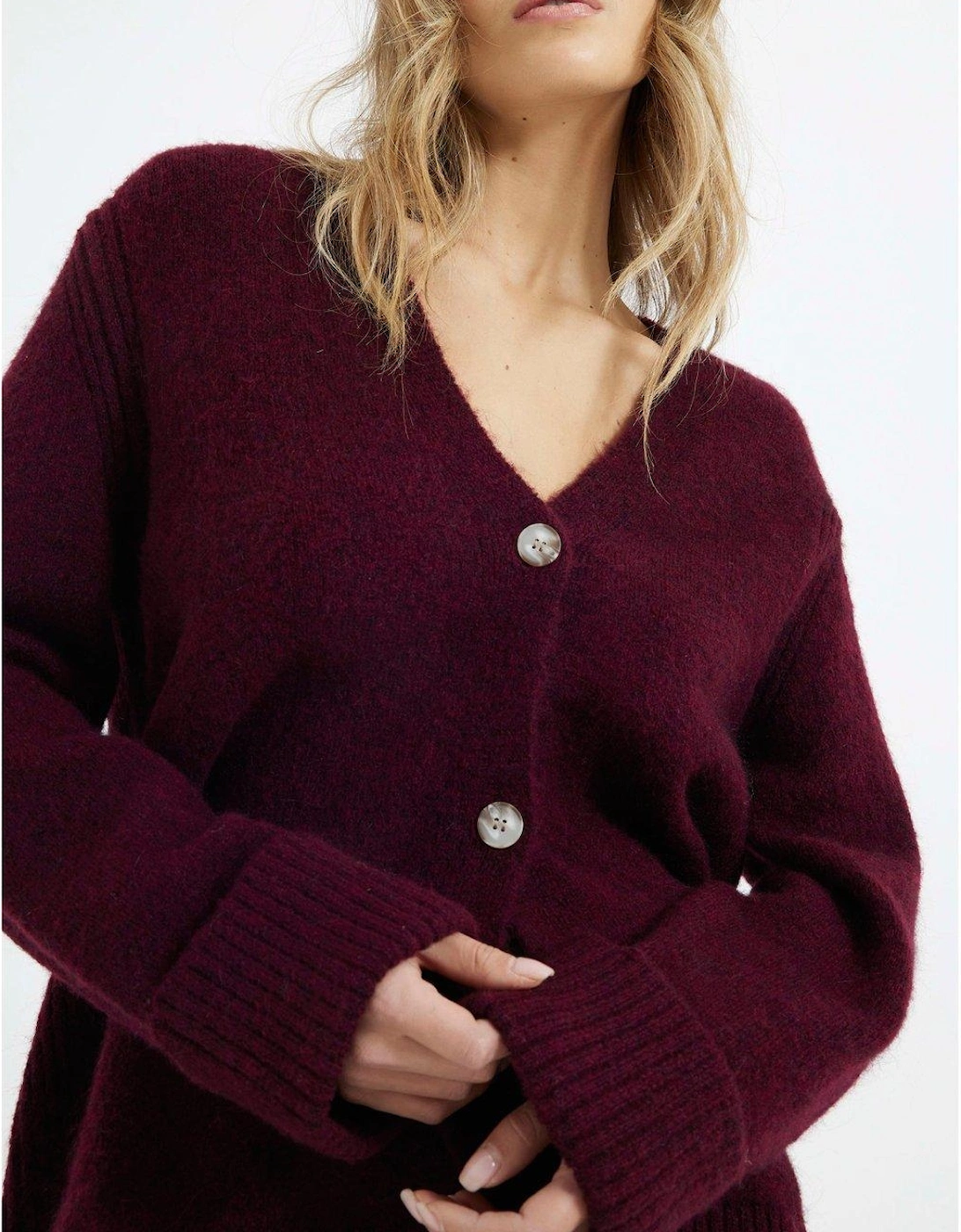 Midi Length Button Cardigan - Dark Red