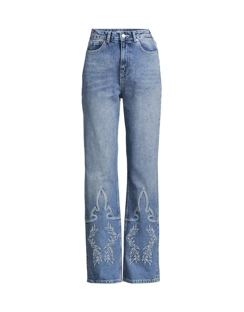 Western Embellished Straight Leg Jean - Mid Wash