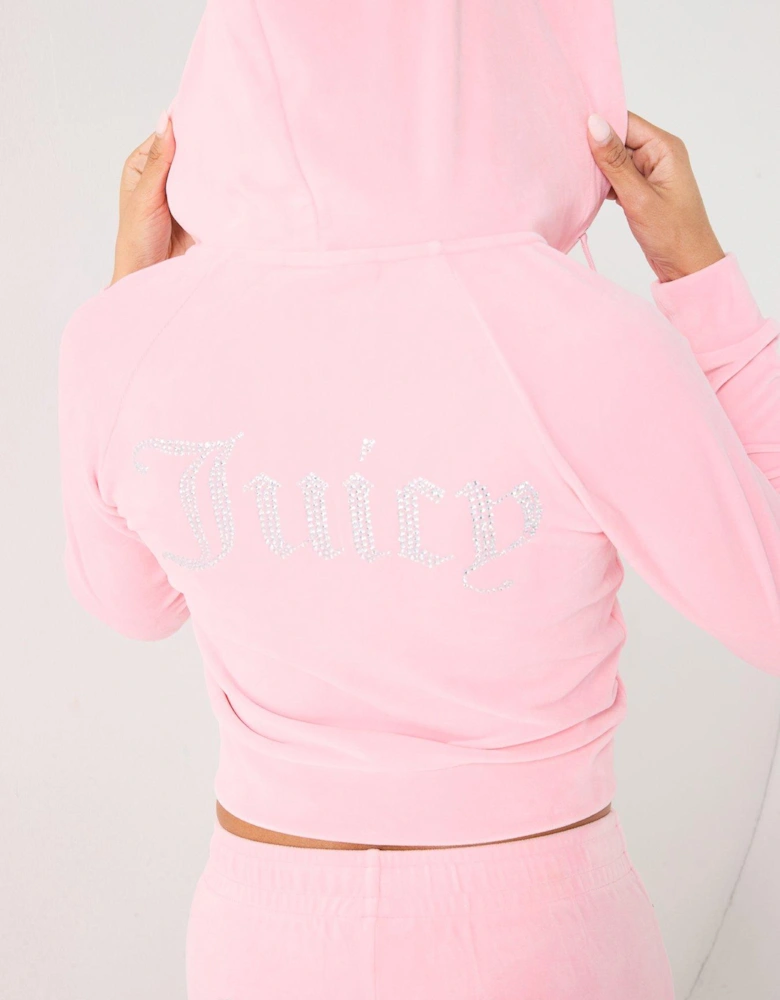 Madison Diamante Logo Velour Hoodie - Pink