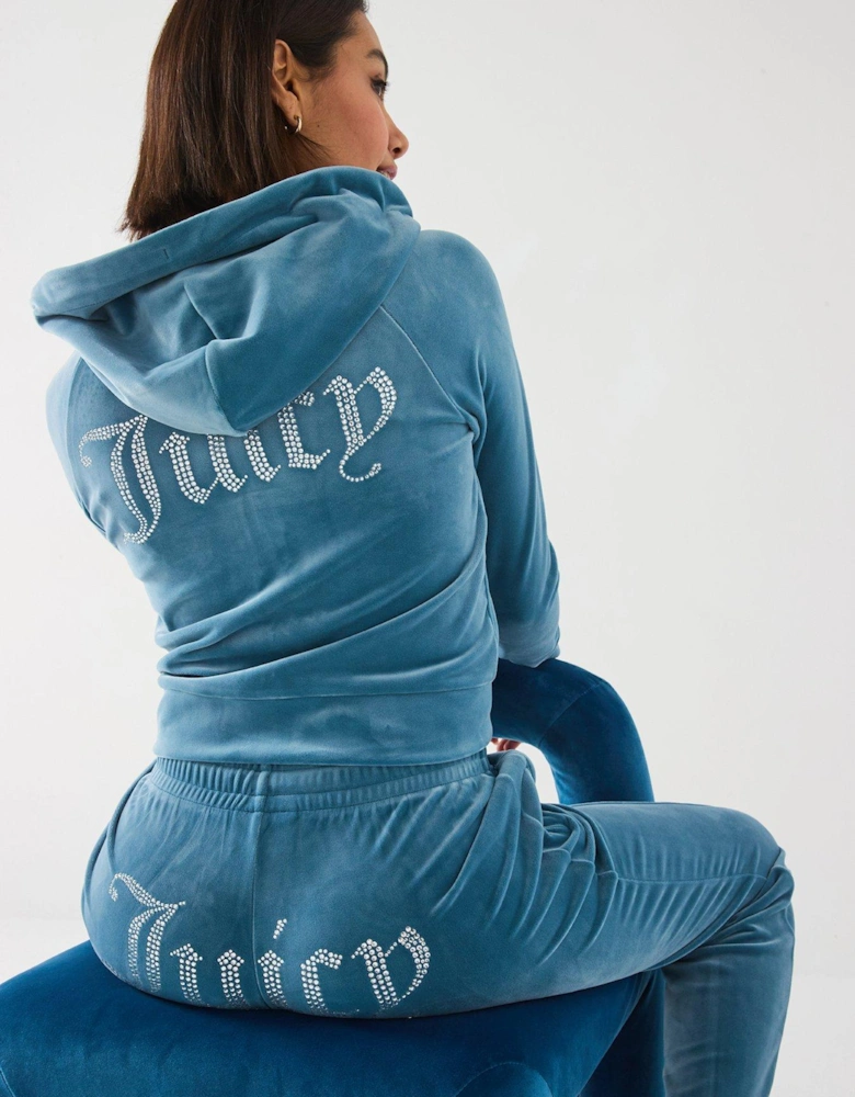 Madison Diamante Logo Velour Hoodie - Blue