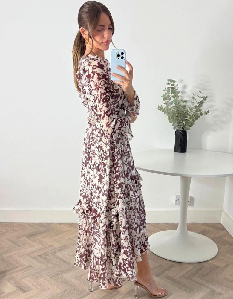 Floral Print Ruffle Midi Dress - Brown