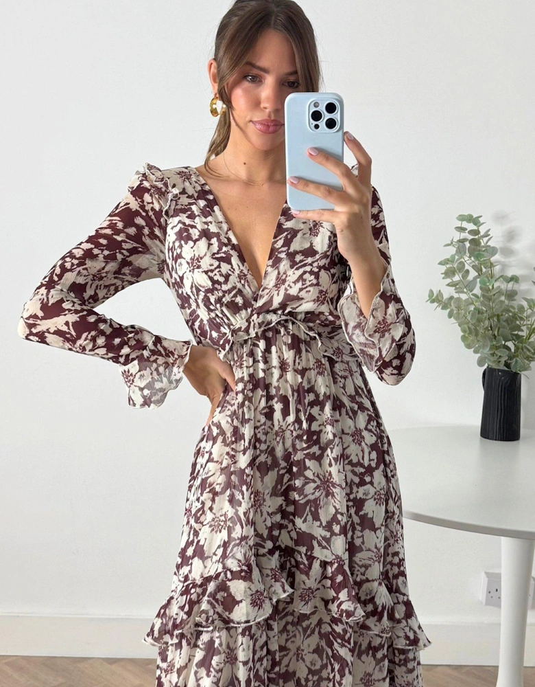 Floral Print Ruffle Midi Dress - Brown