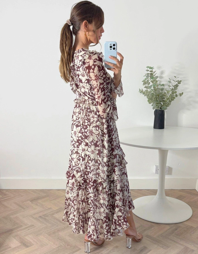 Floral Print Ruffle Midi Dress - Brown