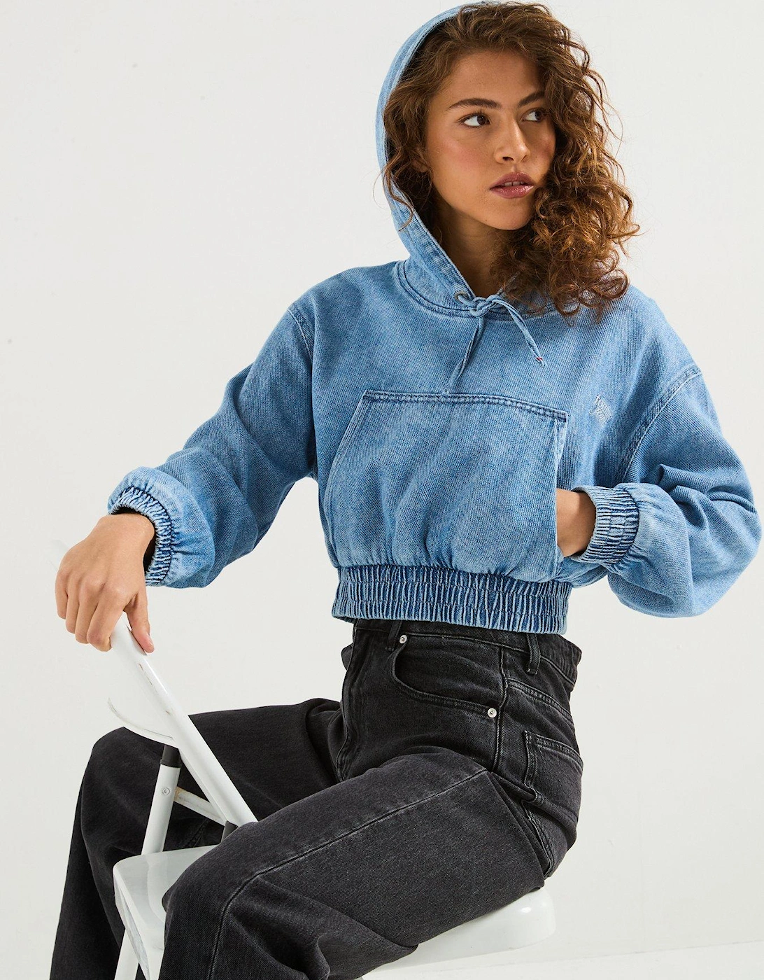 Denim Cropped Hoodie - Blue