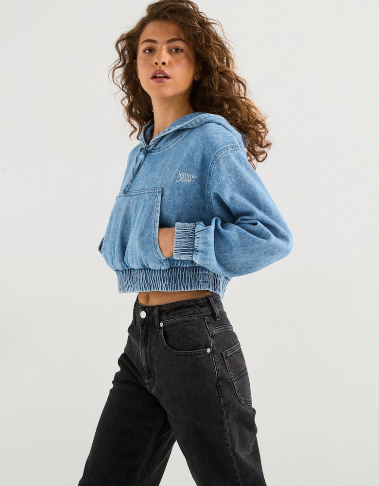 Denim Cropped Hoodie - Blue