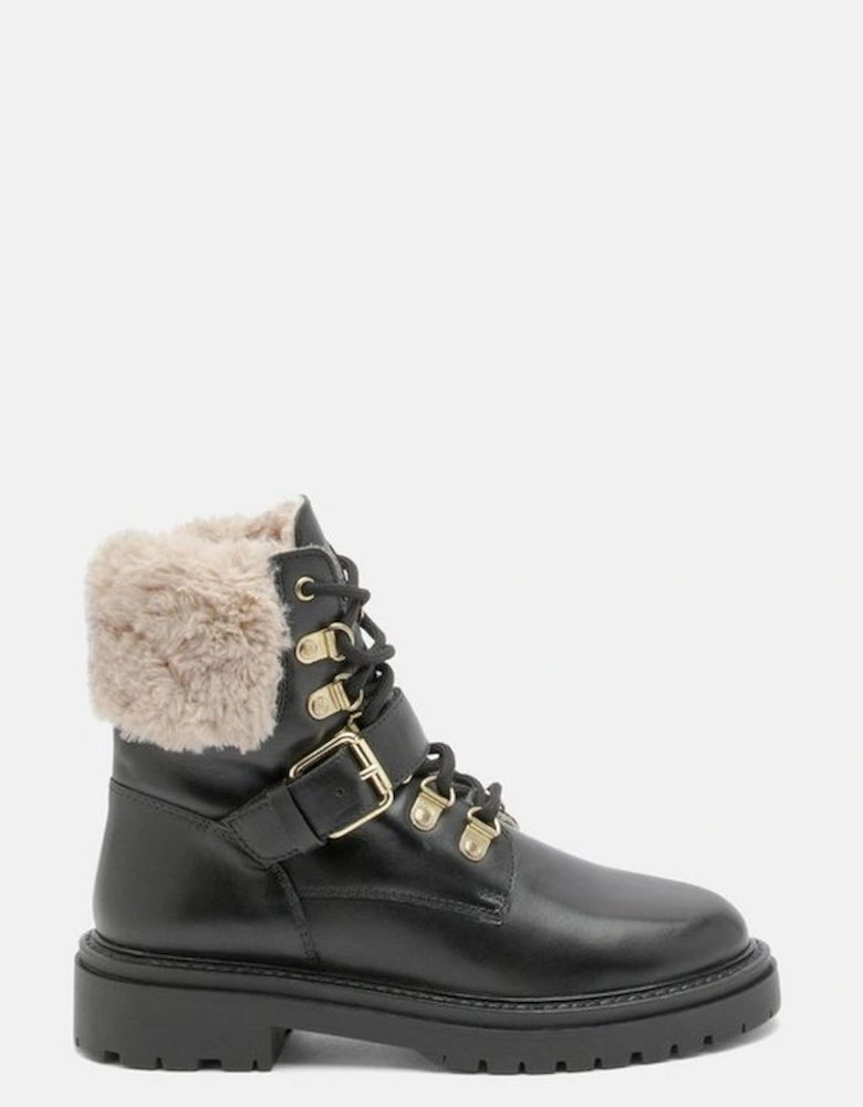 Leather Fur Lined Chunky Lace Up Worker Boot