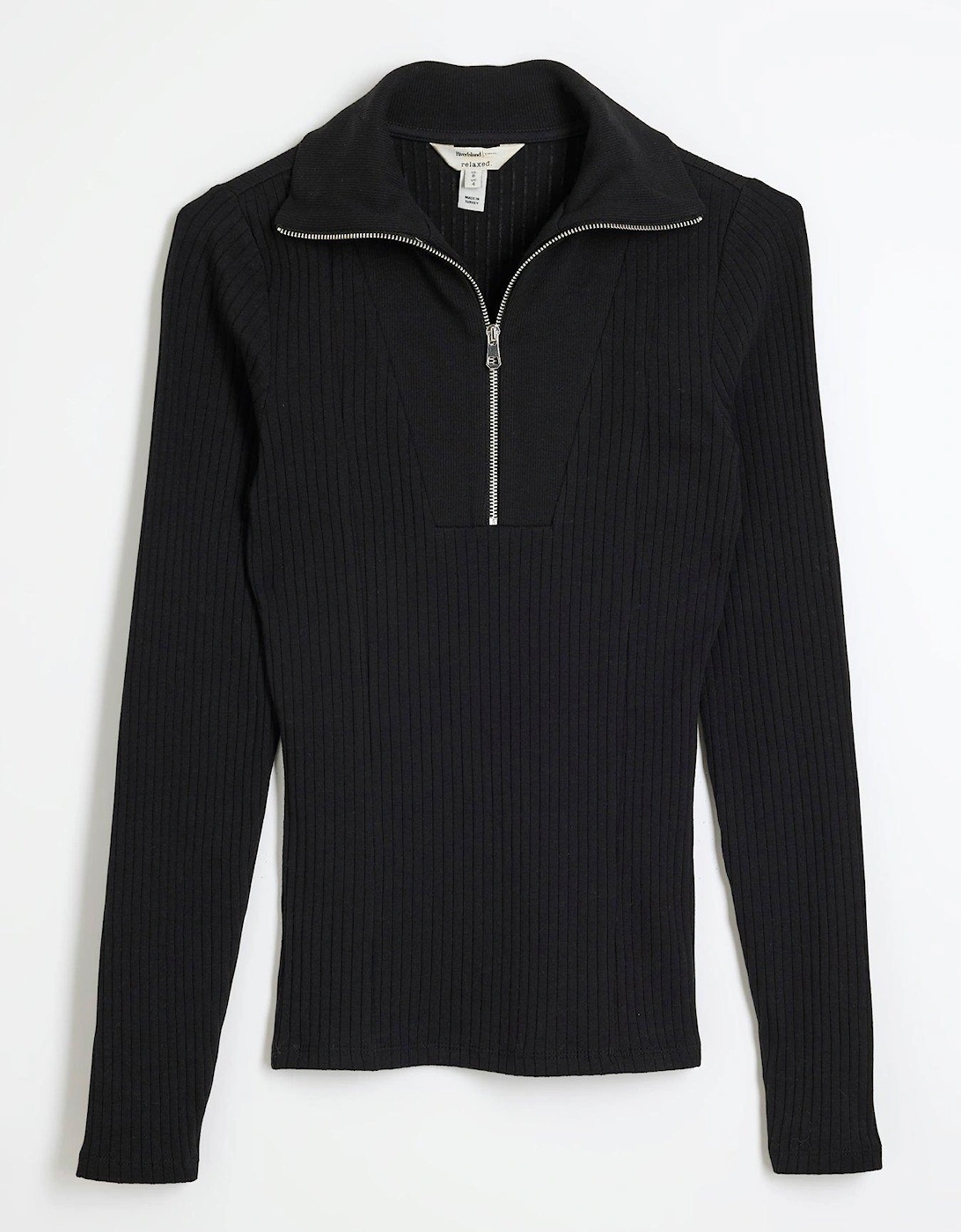 Zip Fitted Rib Top - Black