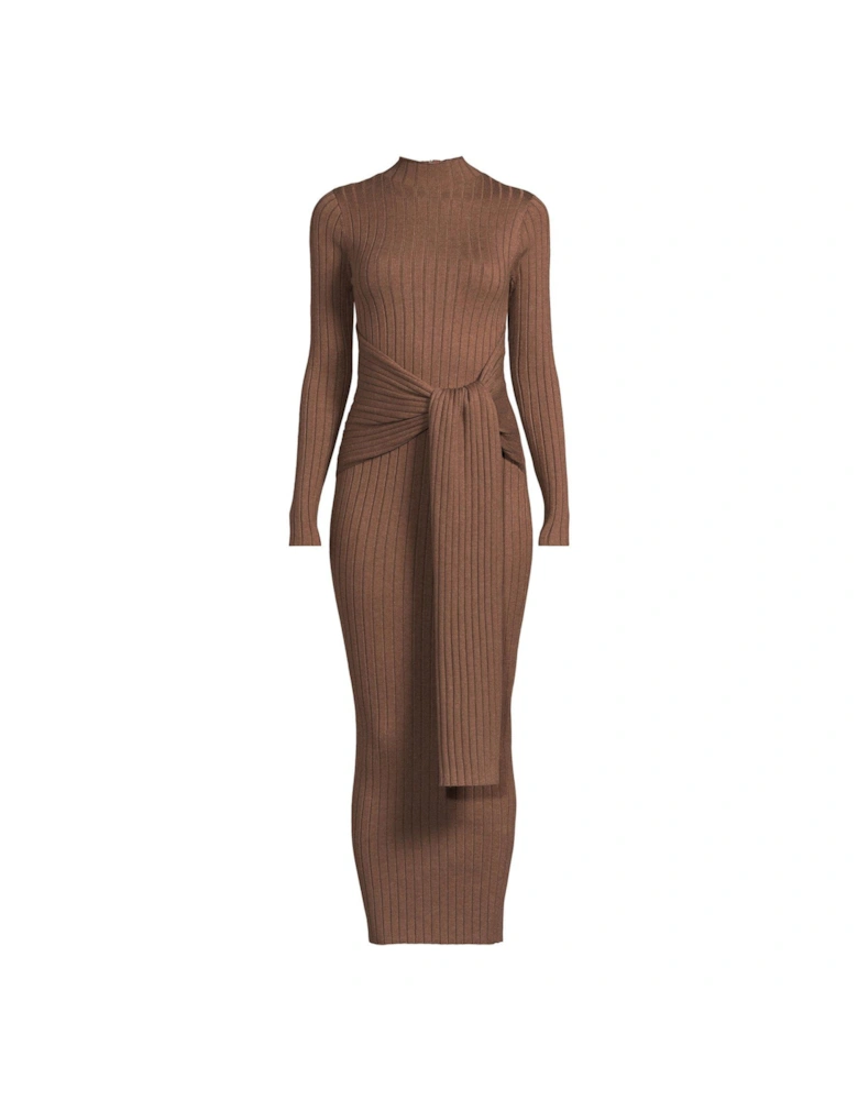 Knitted Tie Waist Midaxi Long Sleeve Dress - Brown