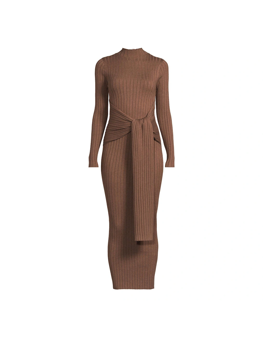 Knitted Tie Waist Midaxi Long Sleeve Dress - Brown