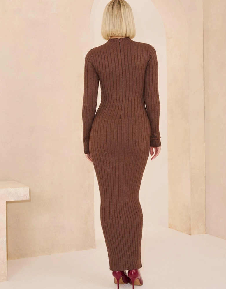 Knitted Tie Waist Midaxi Long Sleeve Dress - Brown