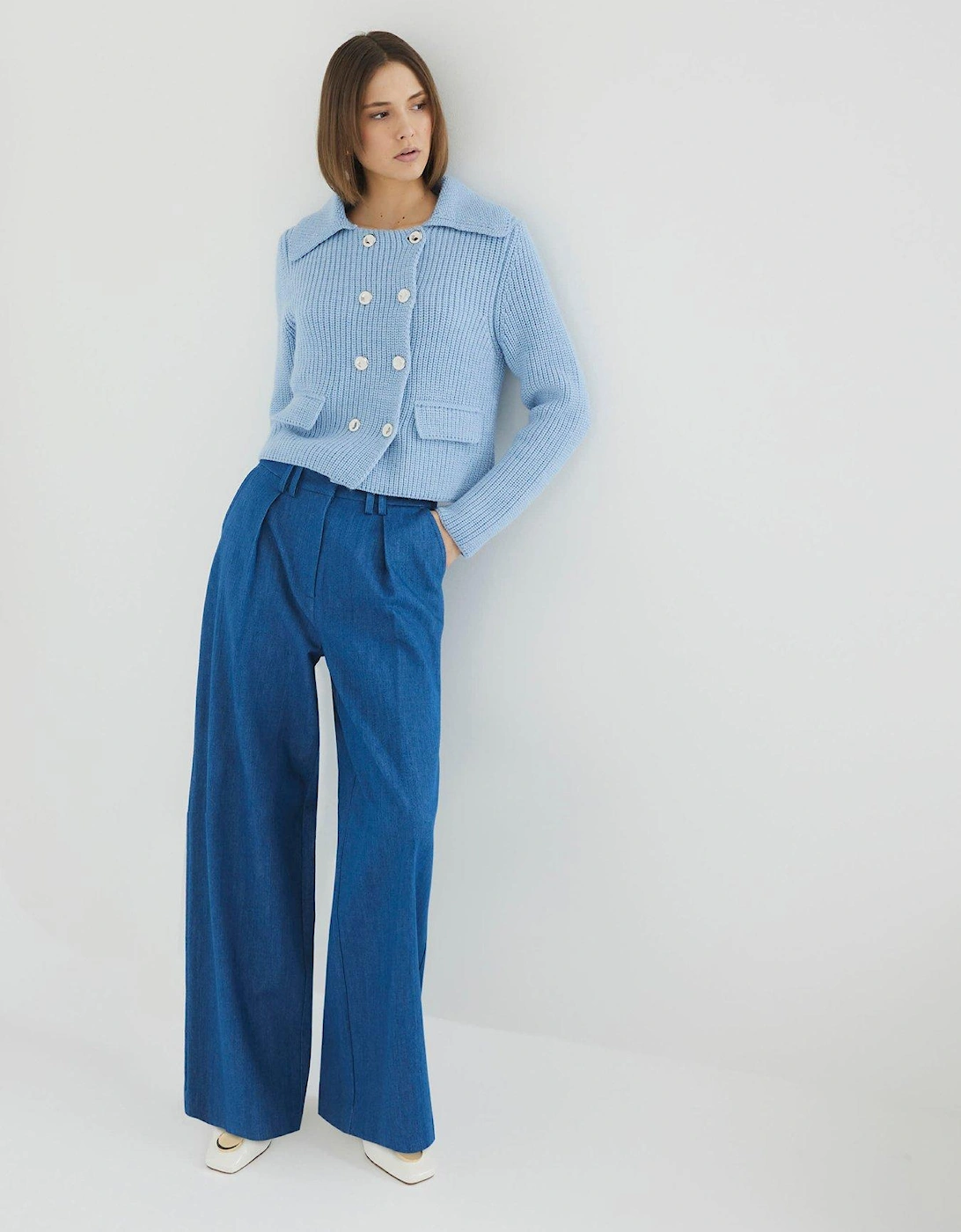 High Waisted Wide Leg Trousers - Blue