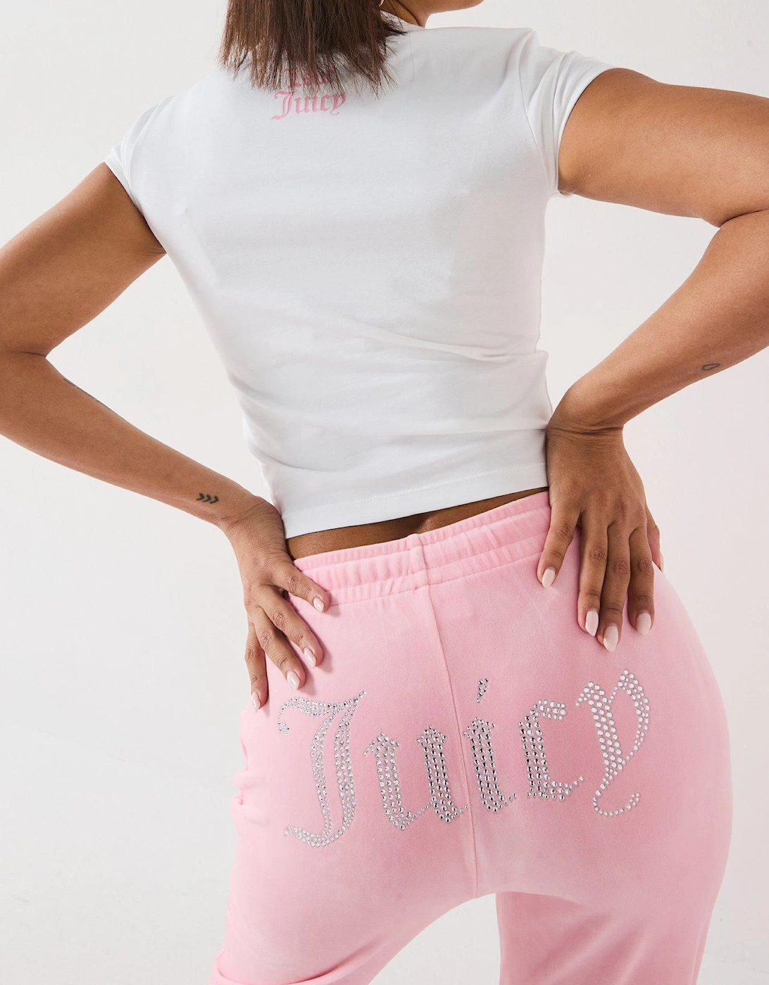 Tina Diamante Logo Velour Trackpants - Pink