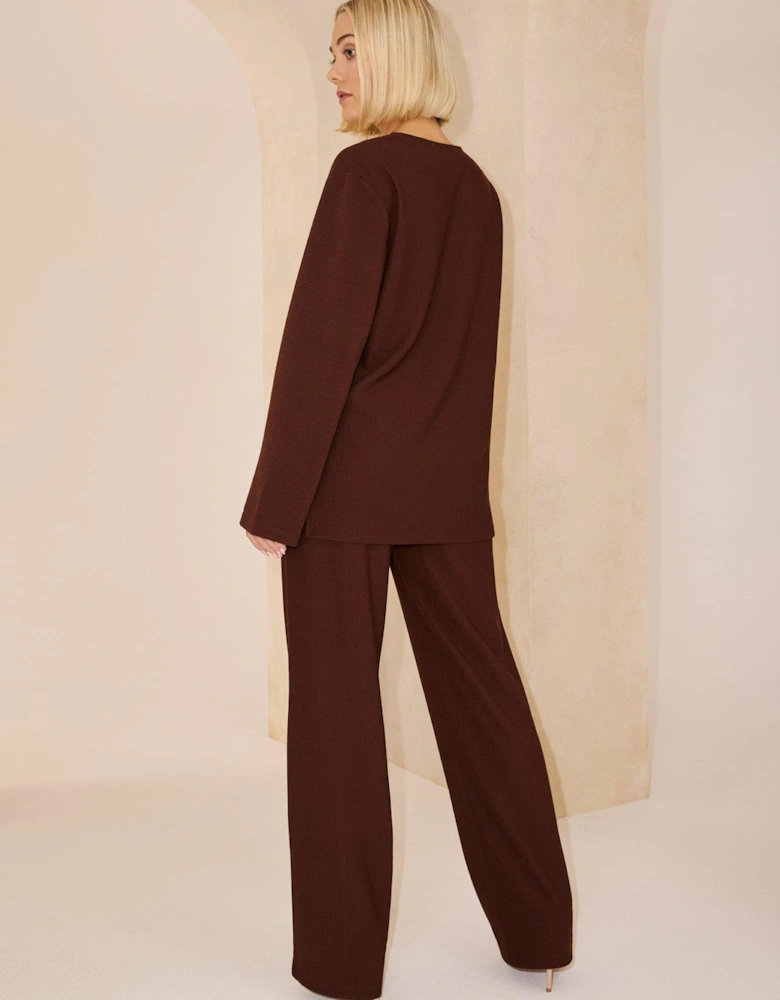 Ottoman Rib Wide Leg Trouser - Brown