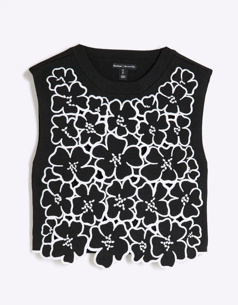 Cut Out Floral Vest Top - Black