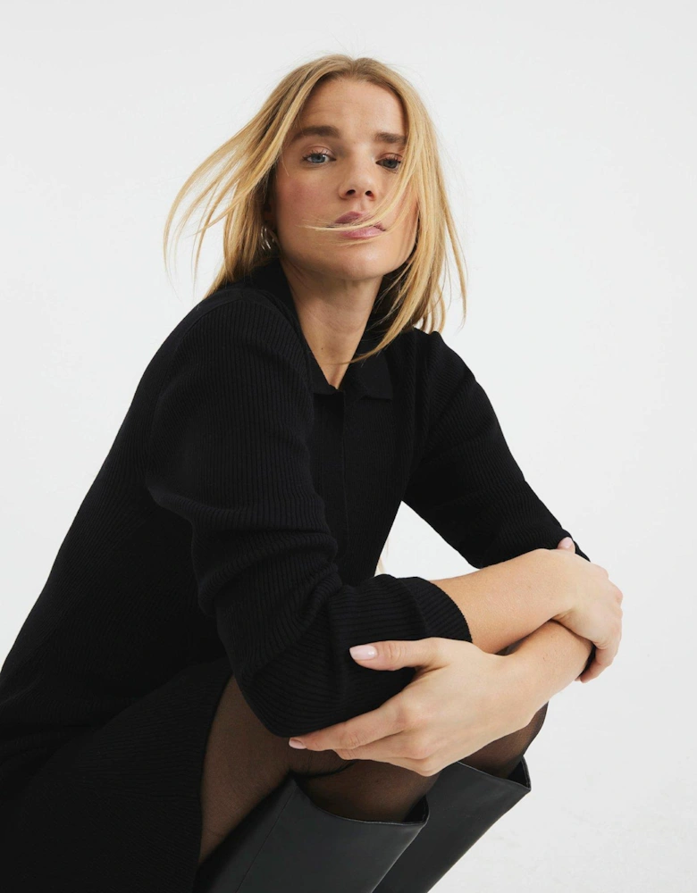 Long Sleeve Polo Mini Dress - Black