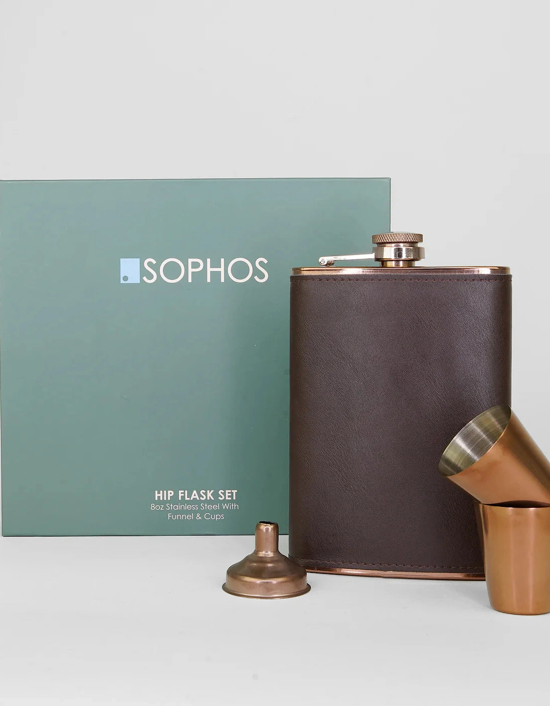 4 Piece Copper 8oz Hip Flask Gift Set - Copper/ Brown